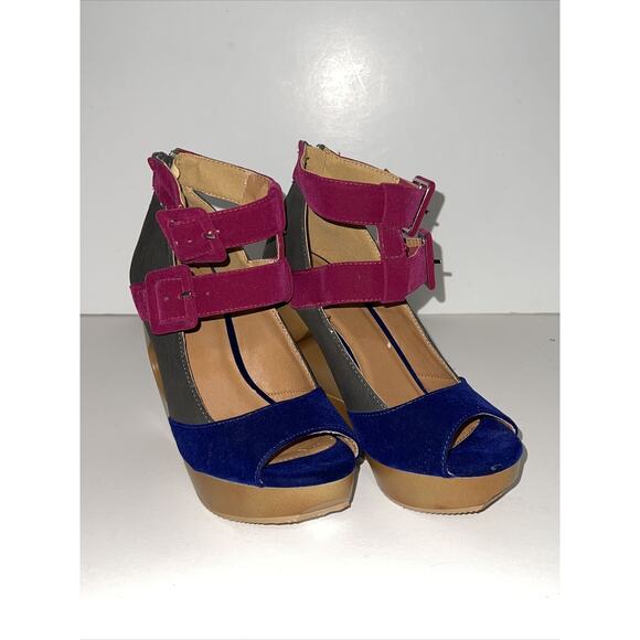 Qupid LISBETH shoes Women Sz 6.5 Ankle Strap Buckle Wedge Platform Sandals Blue - Picture 2 of 12